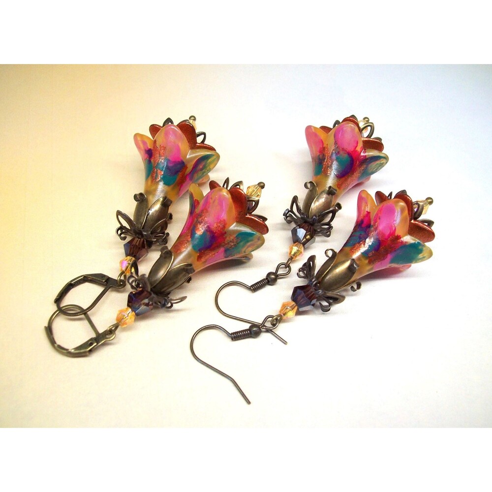 Boho Floral Earrings Vintage Style, Antique Bronze, Hand Painted, Artisan Crafte
